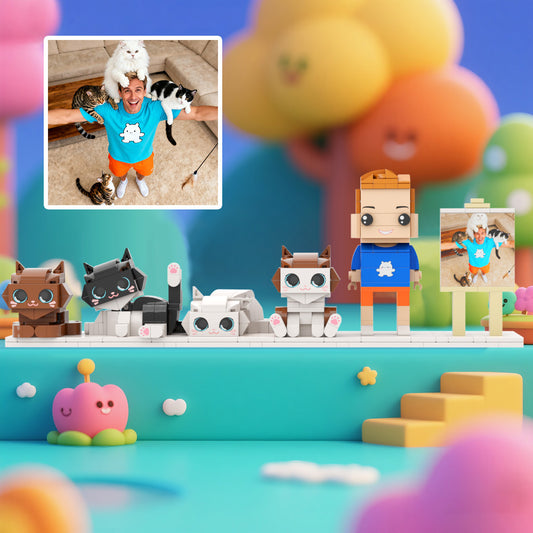 Custom Full-Body Brick Figures – 1 Person & 4 Cats – With Photo Frame