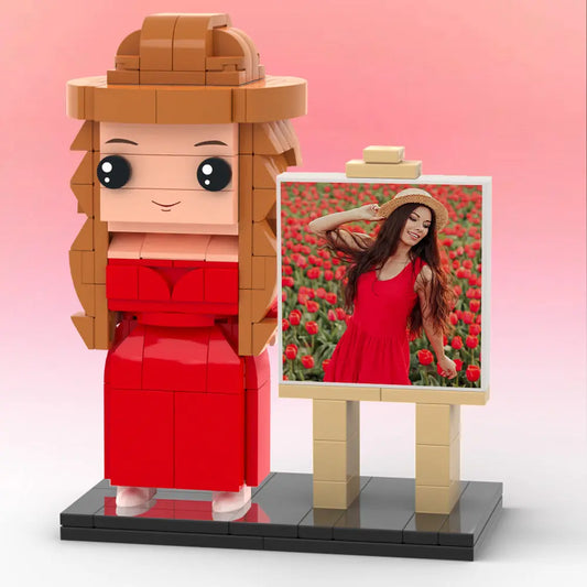 MadeMine volledige lichaams brick figuur met foto frame, gepersonaliseerd cadeau voor haar, beeld van een persoon in brick stijl