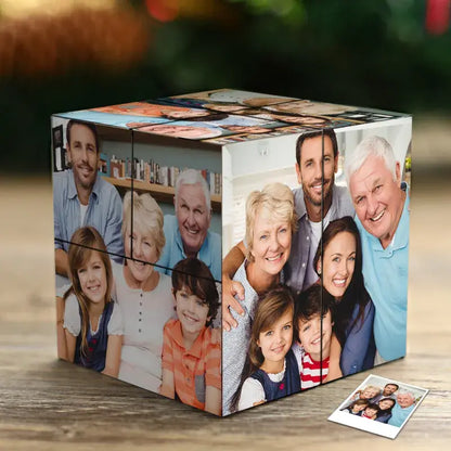 MadeMine personalized photo cube with wooden base, featuring multiple photo panels in an infinity folding design, ideal for custom gifts