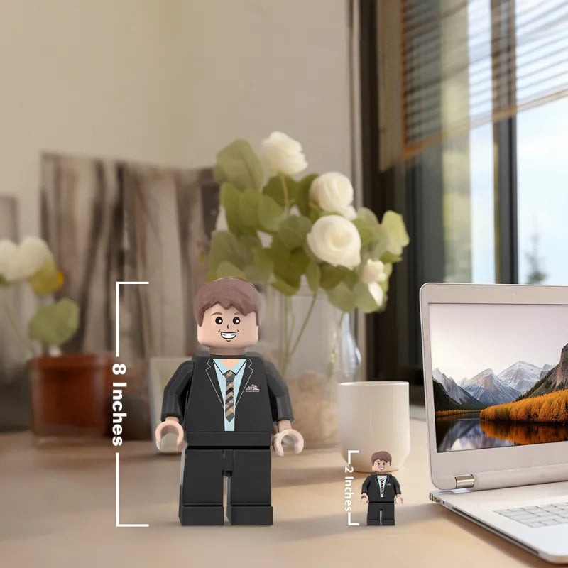 Custom 3D printed giant Minifigs by MadeMine featuring personalized photo designs, perfect for unique personalized gifts.