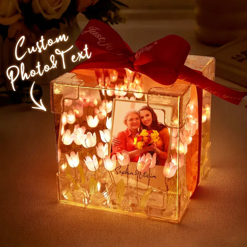 Custom photo tulip infinity mirror box by MadeMine showcasing a personalized light gift with a floral tulip design and mirrored frame.