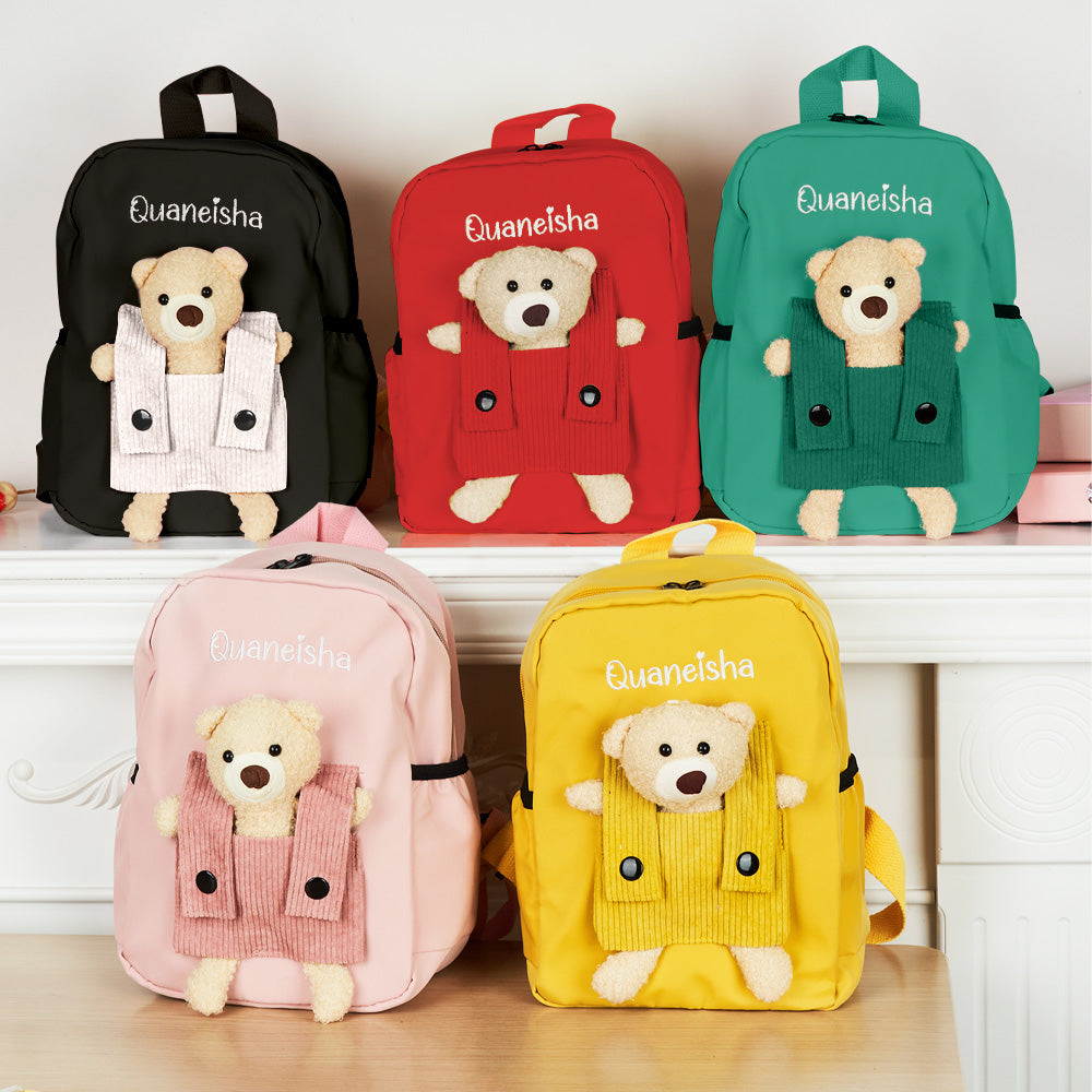 MadeMine personalized bear embroidery backpack for kids with custom name, colorful school bag for children.
