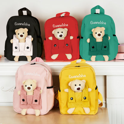 MadeMine personalized bear embroidery backpack for kids with custom name, colorful school bag for children.