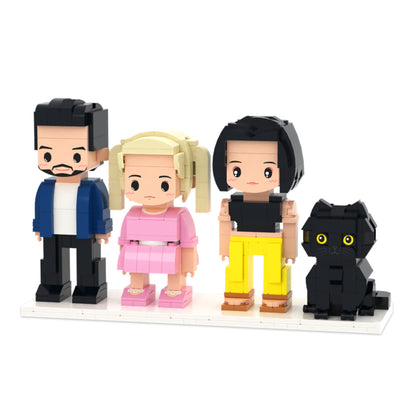 Custom full-body brick figures of three people and a cat, personalized gift from MadeMine, featuring colorful miniature brick characters.