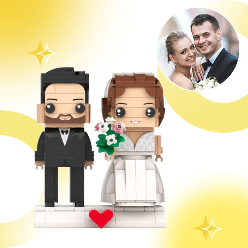 Persoonlijke mini brick set van MadeMine met twee gepersonaliseerde huwelijksfiguren voor een uniek wedding cadeau