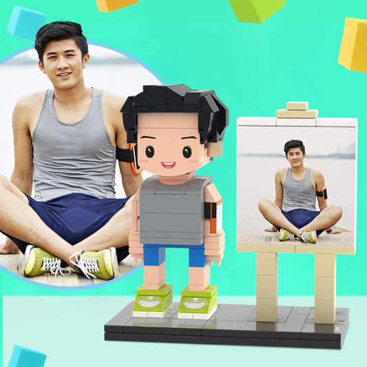Custom full-body brick figure with frame by MadeMine, personalized gift for boyfriend, detailed brick art sculpture with frame.