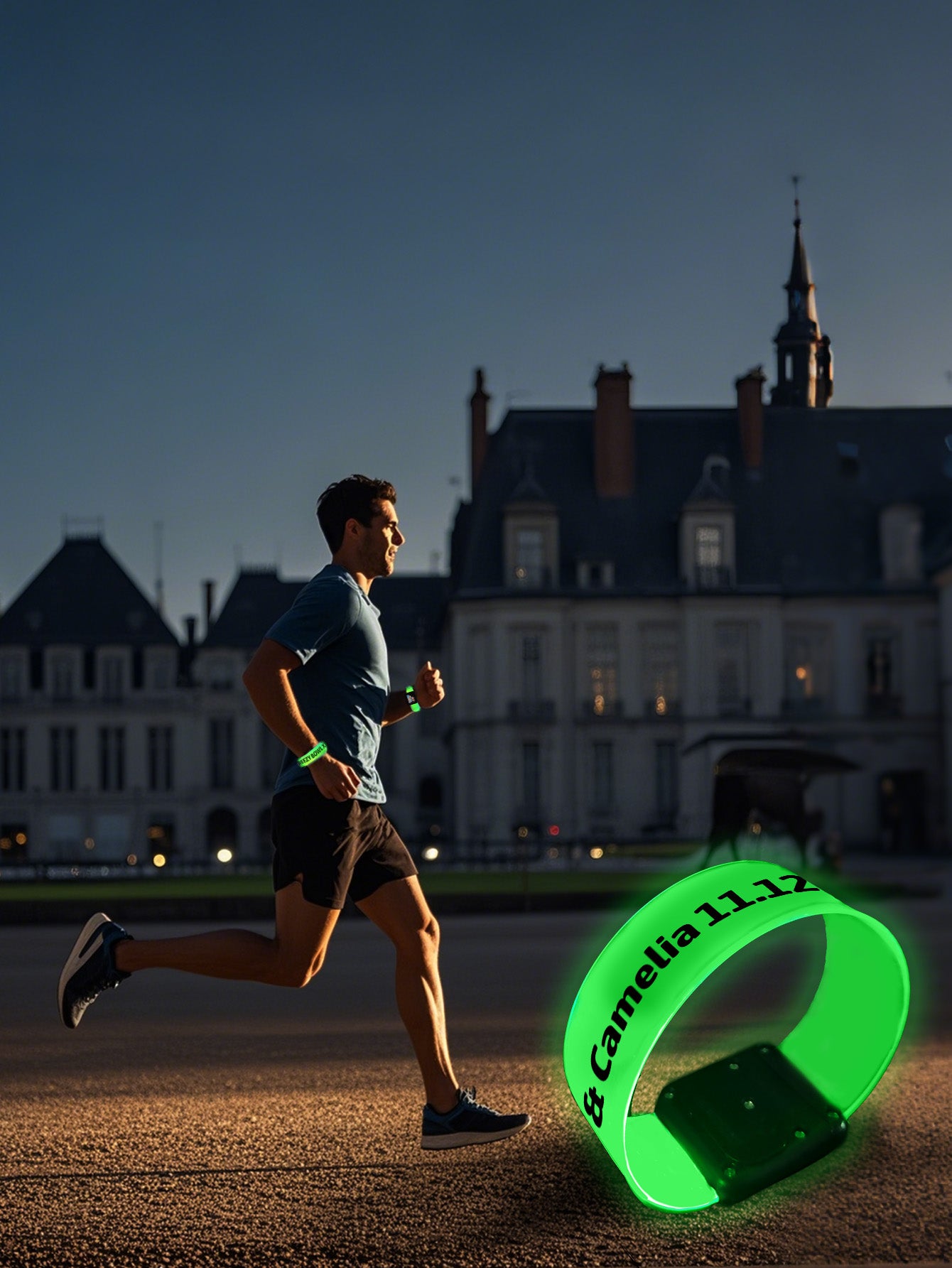 Custom LED glow bracelet by MadeMine featuring personalized photo and text, illuminated for vibrant visual effect.
