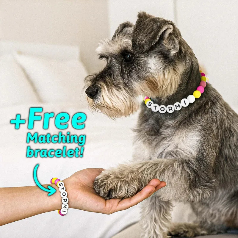 Personalized pet name necklace and matching bracelet from MadeMine, featuring custom engraved pet names on jewelry pieces.