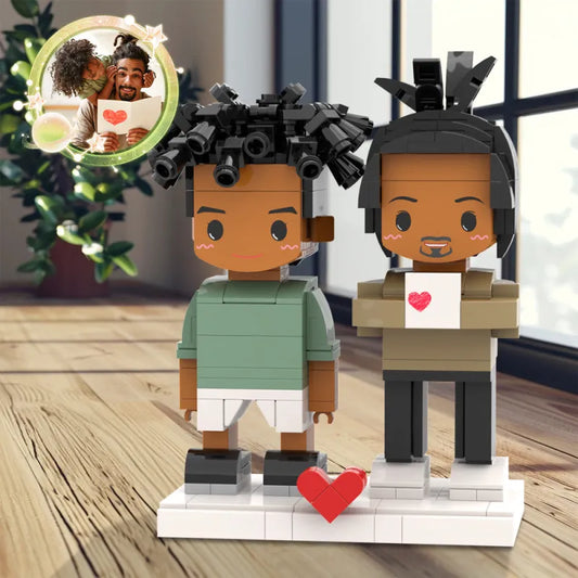 Customized MadeMine gift building block figures of dad and son, featuring full-body brick figures with cute facial details.