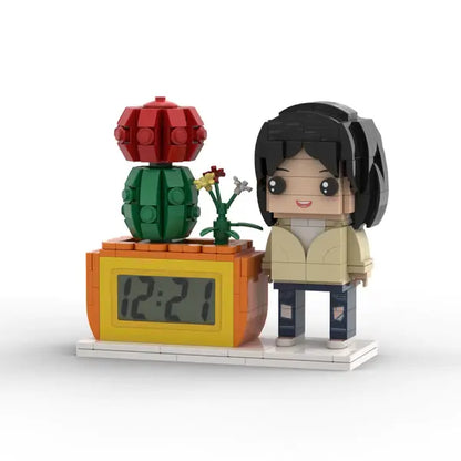 Custom Brick Figure Desk Clock with Plant – Personalized Brick Clock