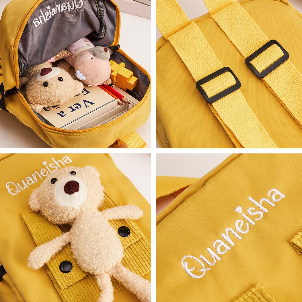 MadeMine personalized bear embroidery backpack for kids featuring custom name, colorful design, and adjustable straps.