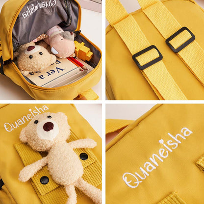 MadeMine personalized bear embroidery backpack for kids featuring custom name, colorful design, and adjustable straps.