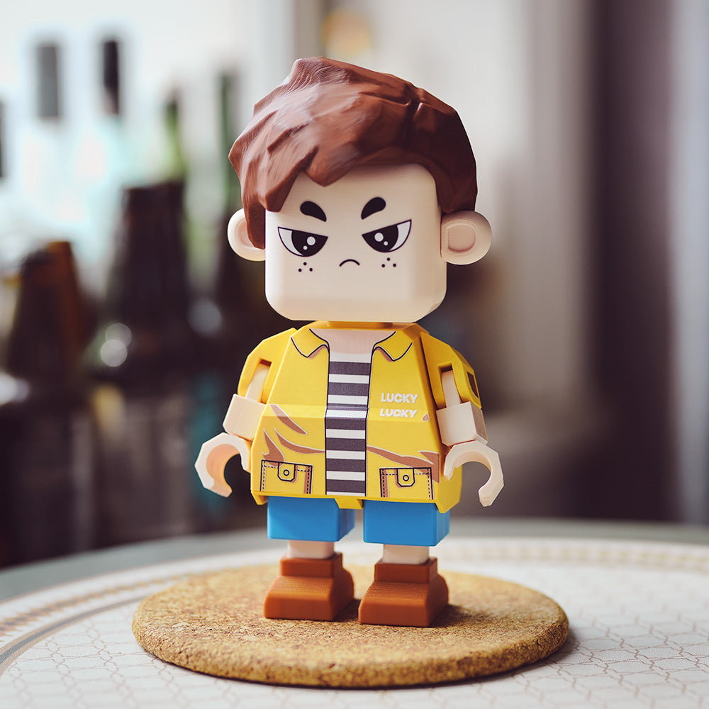 Customizable giant Minifig full-body brick figure by MadeMine, personalized gift for him, with colorful detailed design.