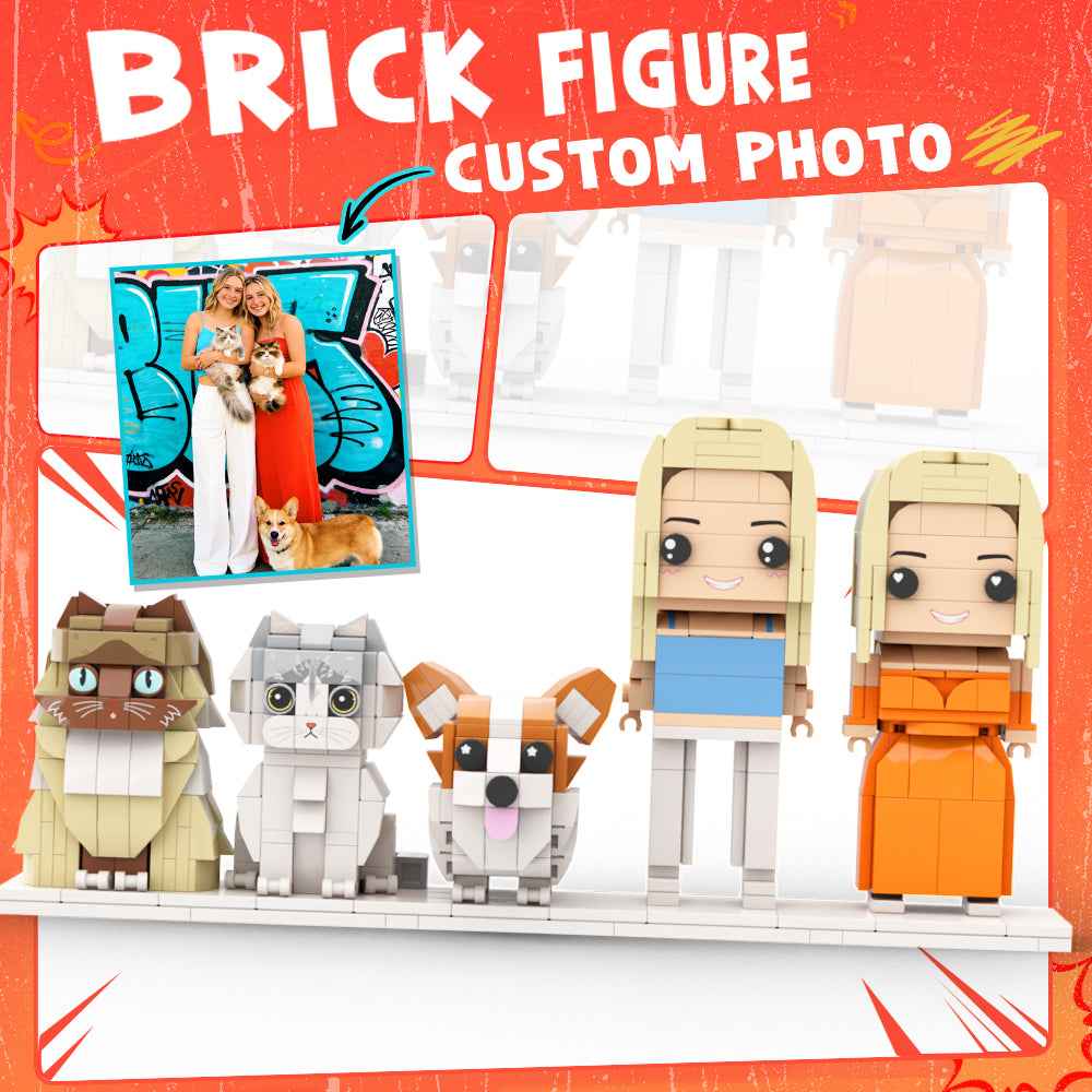 Custom Full-Body Brick Figures of 2 People, 1 Dog & 2 Cats Personalized Anniversary Gift Birthday Gift Christmas Gift for Pet Lover