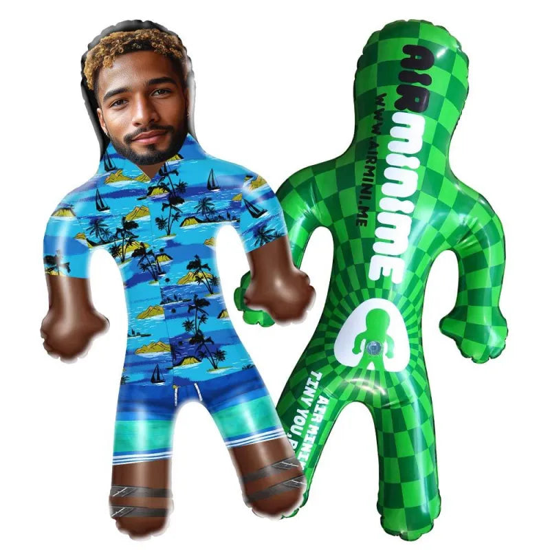 Personalized inflatable blow-up doll wearing a Hawaiian shirt with flower and leaf print, featuring a printed face for party fun by MadeMine.