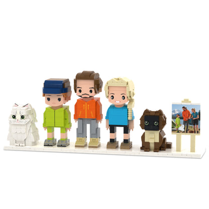 Custom Full Body Cute Brick Figures – 3 People & 2 Cats with Frame