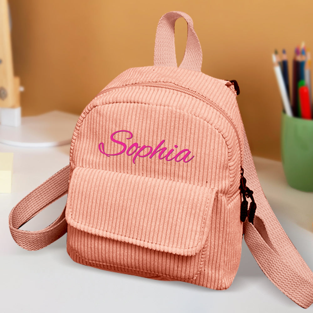 MadeMine personalized mini corduroy backpack with custom name, small school bag for kids, perfect back-to-school gift.