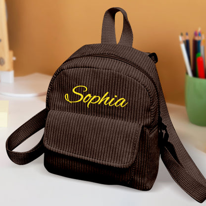MadeMine personalized mini corduroy backpack with custom name, ideal for kids' school bag and back-to-school gift.