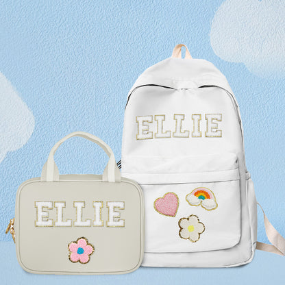 Personalized MadeMine kids' backpack with custom name design, featuring adjustable straps and colorful print for school.