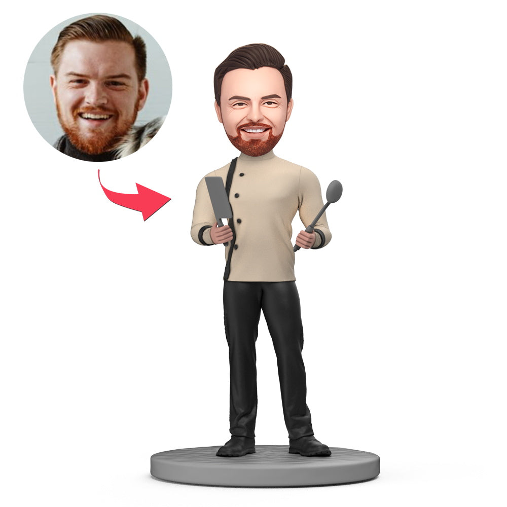 MadeMine Five Star Chef en gereedschap bobblehead met gegraveerde tekst, gedetailleerde keramische pop met keukengerei en chefkleding
