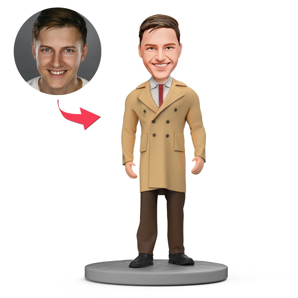 Business heren windjack met bobblehead van MadeMine, met gegraveerde tekst en gedetailleerde gezichtssculptuur.
