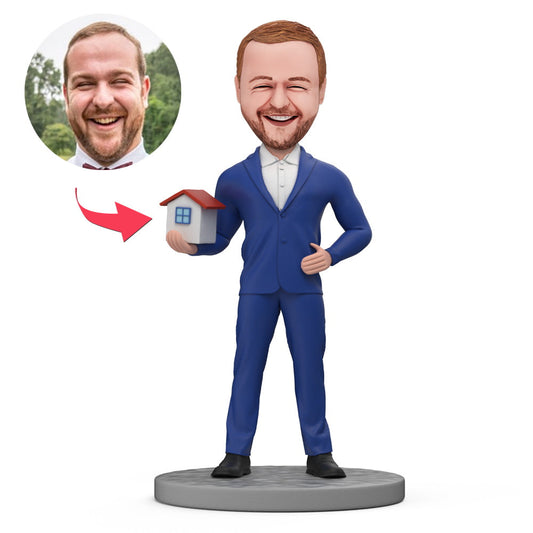 MadeMine Tiny Homes makelaarsbeeldje, gepersonaliseerde bobblehead voor vastgoedverkopers en makelaars, gedetailleerd en uniek