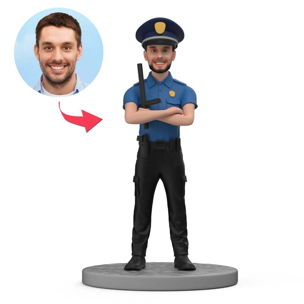 Politieagent met knuppel bobblehead van MadeMine met aangepaste tekst, gedetailleerd en kleurrijk, op standaard achtergrond