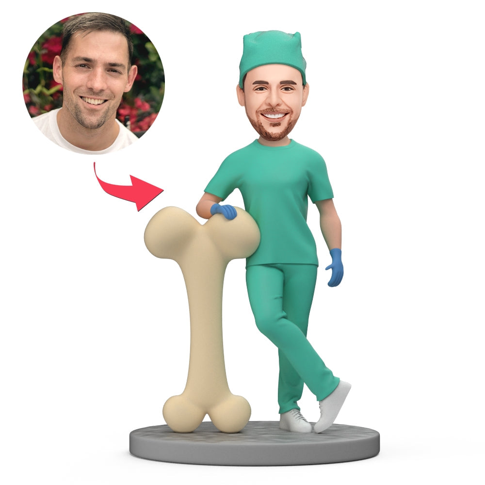 Persoonlijke orthopedist bobblehead van MadeMine met gegraveerde tekst, gedetailleerd en uniek ontworpen.