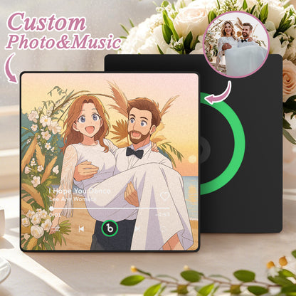 MadeMine FridgeBeats Framed 4.0 custom cartoon-style photo music fridge magnet with song-playing feature, ideal wedding gift.