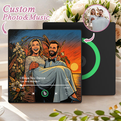 MadeMine FridgeBeats Framed 4.0 custom photo music fridge magnet with cartoon style design, featuring a personalized wedding gift.