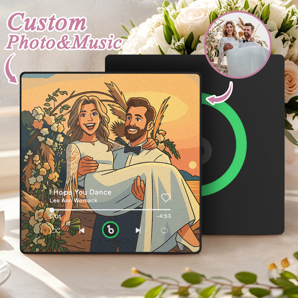 FridgeBeats Framed 4.0 personalized cartoon-style music fridge magnet with custom photo, can play songs, ideal wedding gift by MadeMine