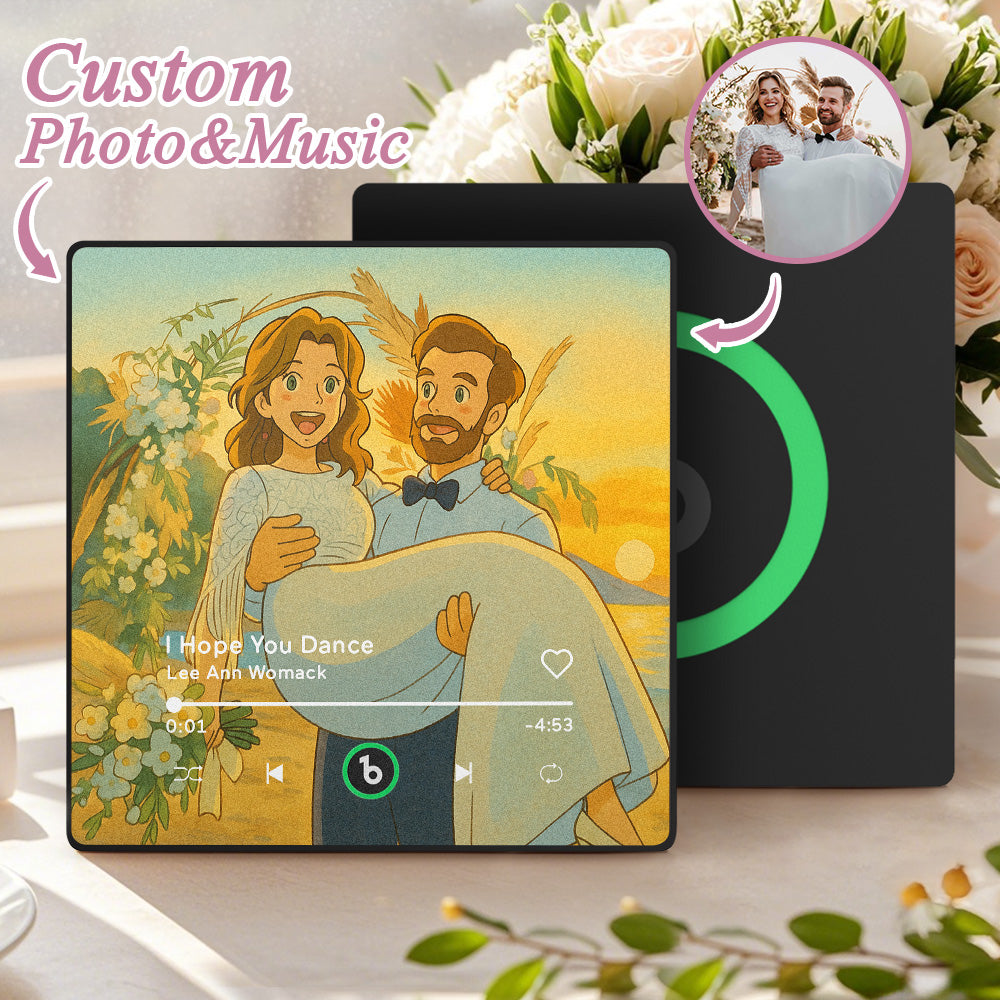 Personalized FridgeBeats Framed 4.0 cartoon style music fridge magnet with custom photo, designed for playing songs and wedding gifts.
