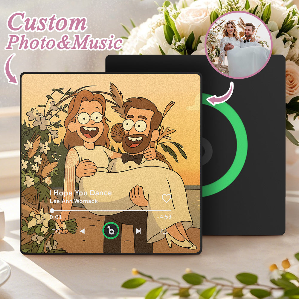 MadeMine FridgeBeats Framed 4.0 custom photo music fridge magnet featuring cartoon style design and song playback ability