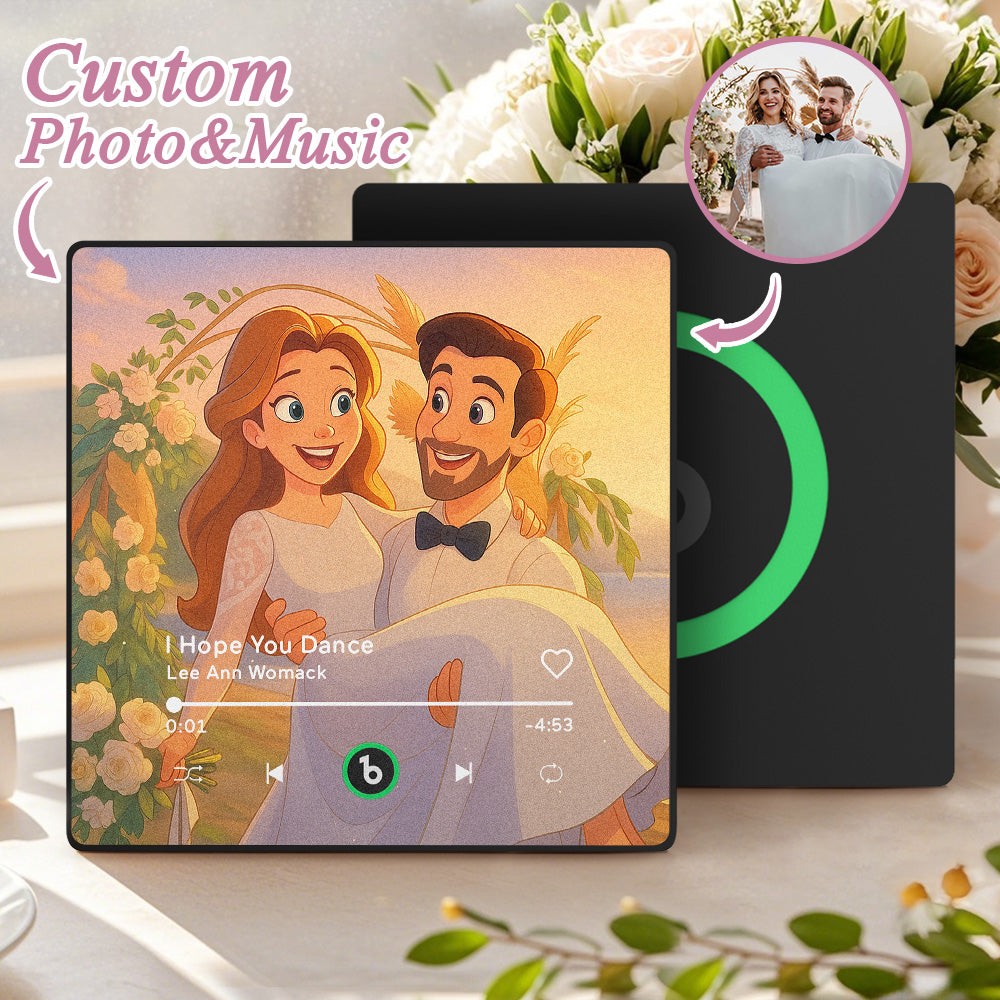 MadeMine FridgeBeats Framed 4.0 custom photo music magnet featuring cartoon style artwork, perfect as a personalized wedding gift.
