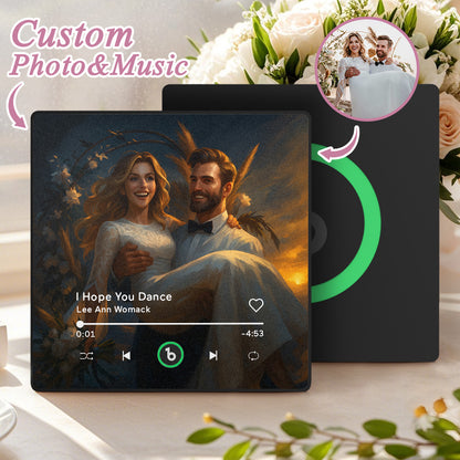 FridgeBeats Framed 4.0 custom photo music fridge magnet with cartoon style design, featuring a personalized song and wedding gift theme.