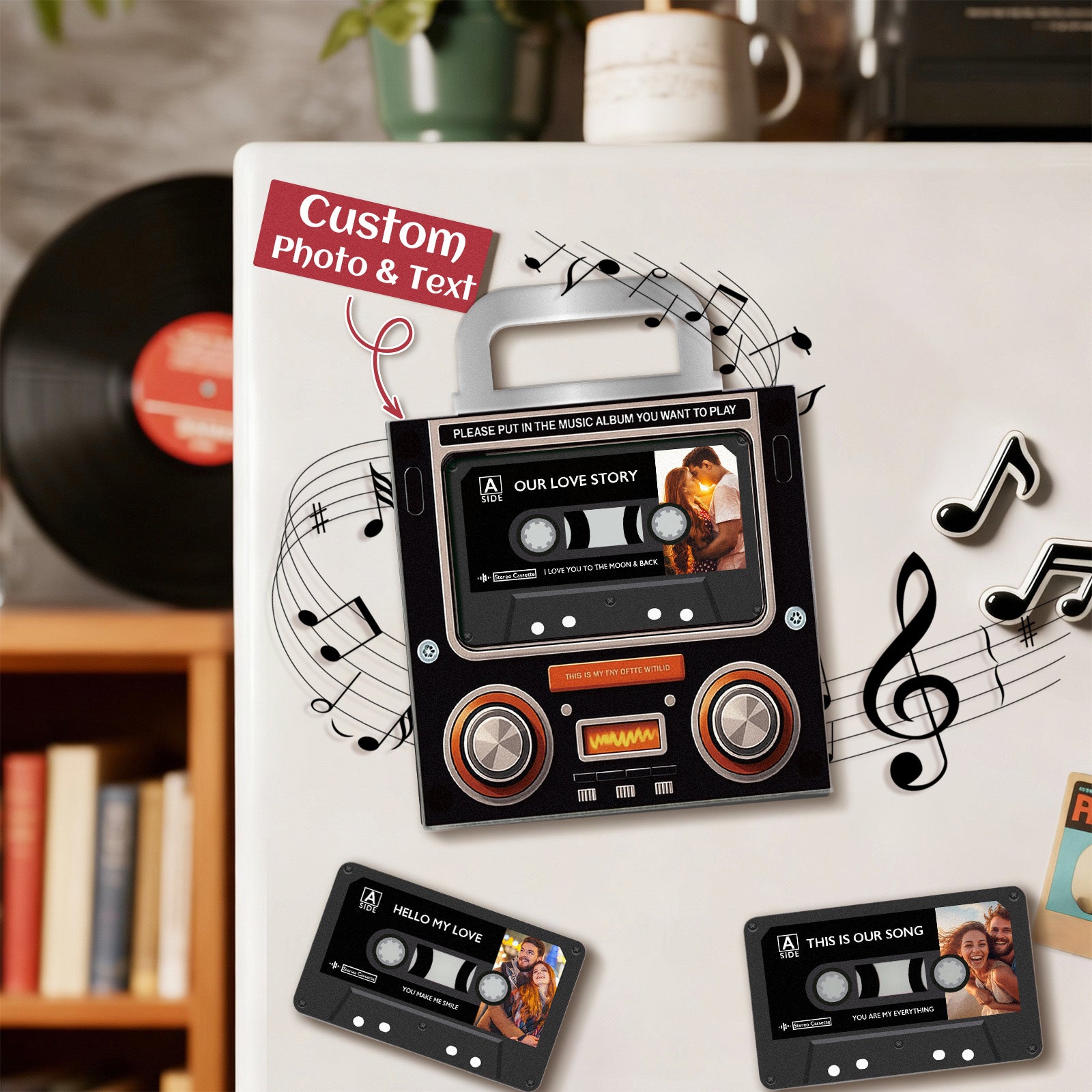 MadeMine cassette-shaped acrylic fridge magnet resembling a retro music player, perfect as a music gift for couples.