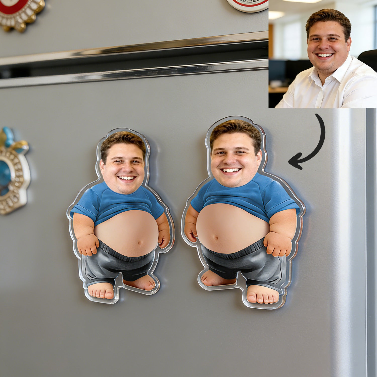 MadeMine custom face squishy belly sticker showing a soft, squeezable photo sticker with a cute, funny design for anti-collision use
