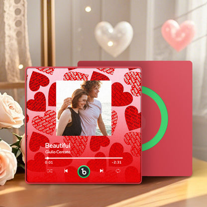 MadeMine FridgeBeats Framed 4.0 personalized music magnet with red heart, perfect for Valentine's Day or music wall decor.