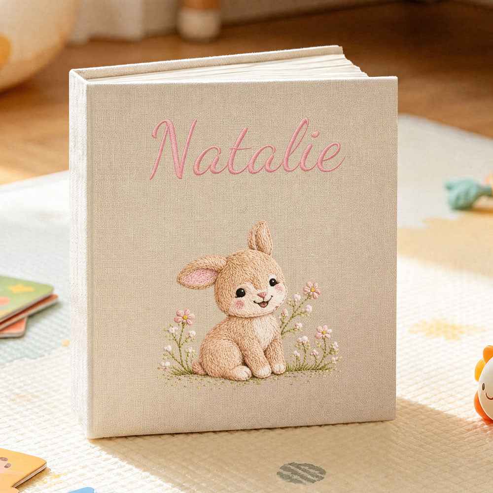 Personalized Linen Baby Memory Book – Embroidered Style Newborn Keepsake Album