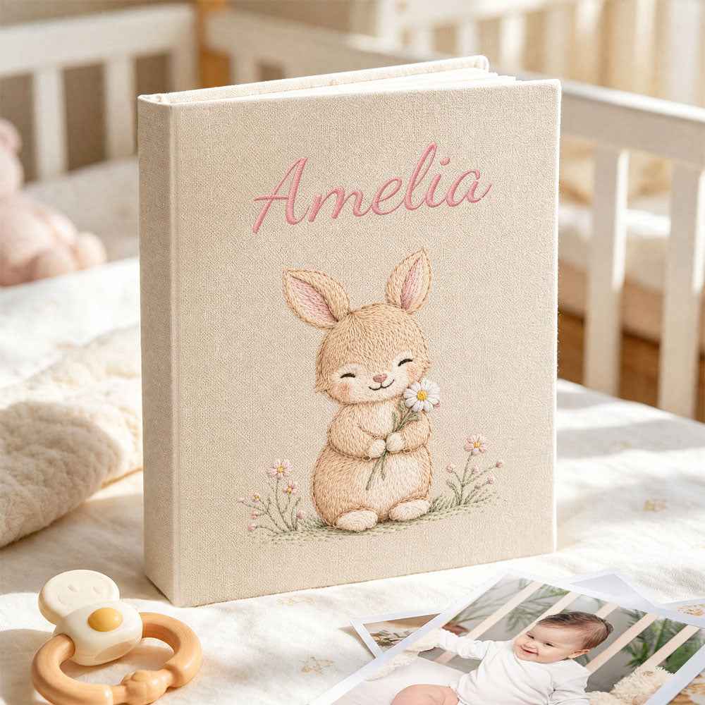 Personalized Linen Baby Memory Book – Embroidered Style Newborn Keepsake Album