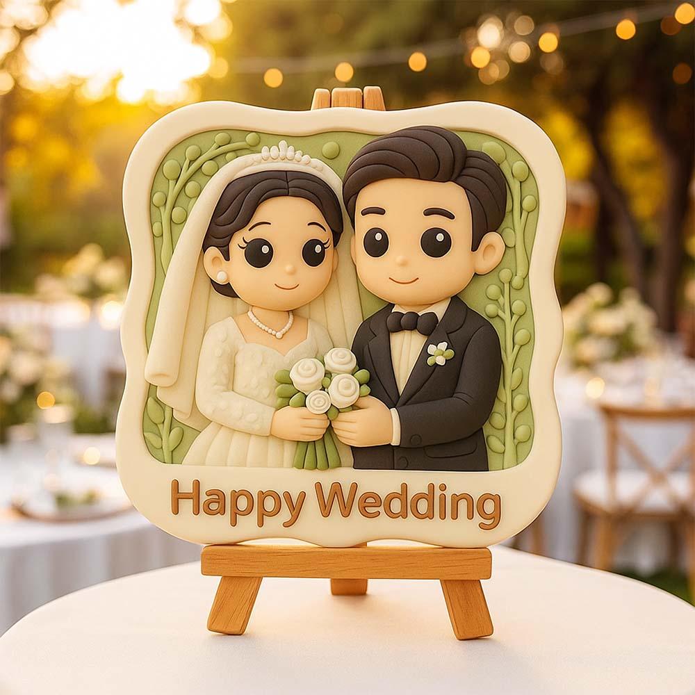 Custom 3D Wedding Figurine with Wooden Holder - Personalized Bride & Groom Gift - Mini Brick Custom