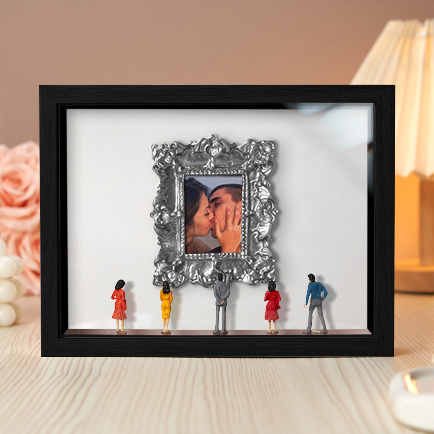 Miniature personalized couple's gift by MadeMine featuring a black frame with spotlights, inspired by Museum of Us design.