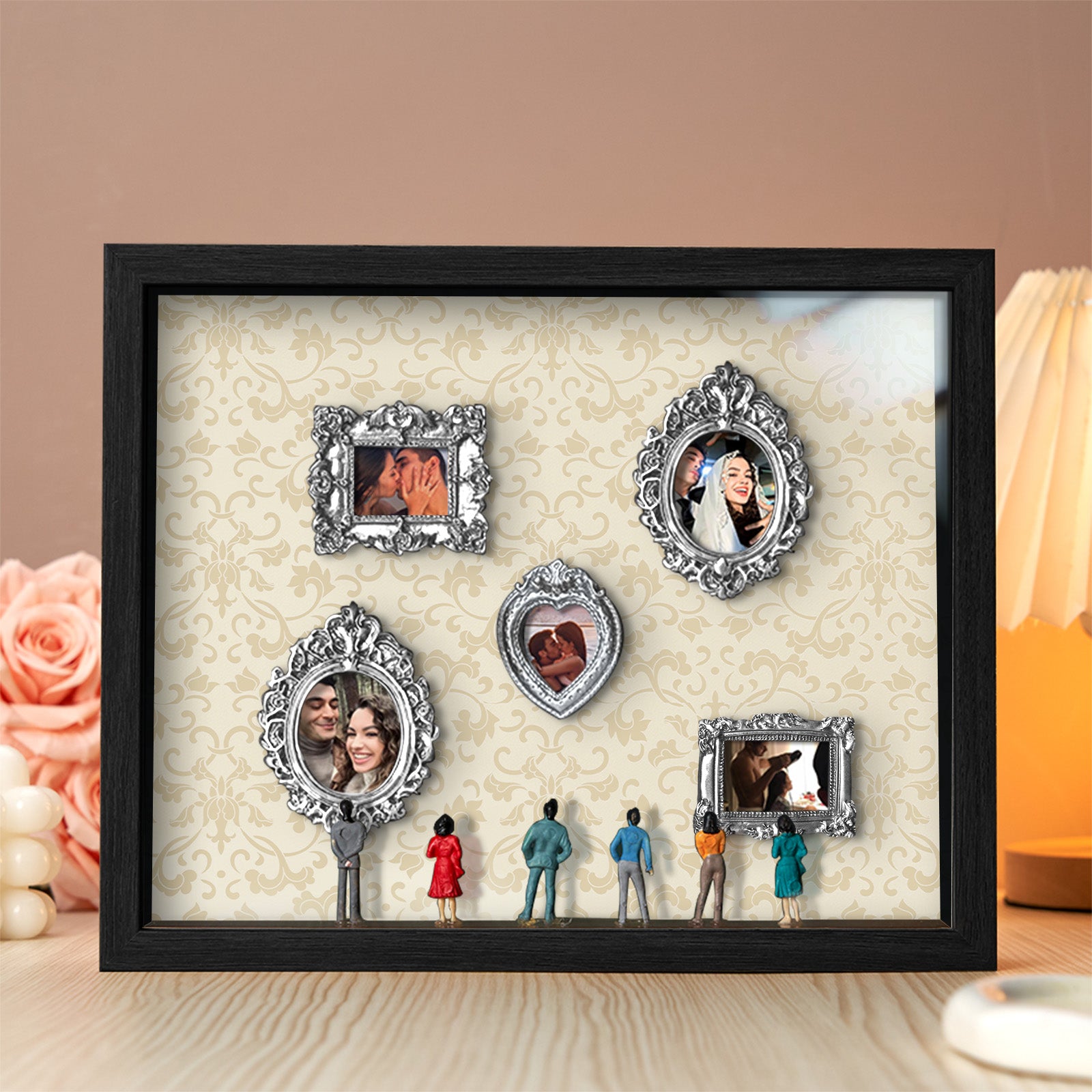 Miniature personalized couple's gift with spotlights in a black frame, featuring a cute museum-themed design by MadeMine.