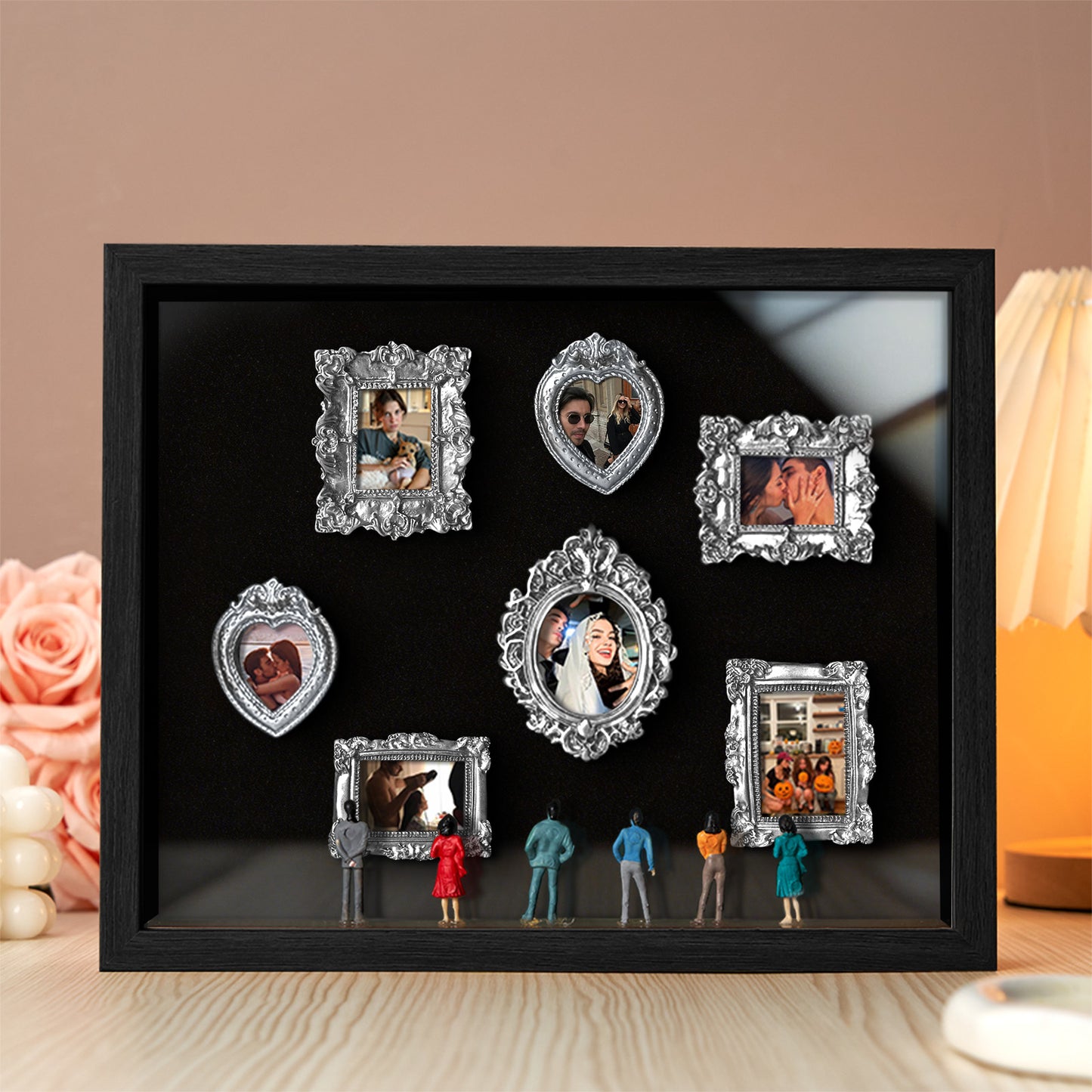 Miniature personalized couple's gift with black frame and spotlights from MadeMine, featuring a cute museum-themed design.