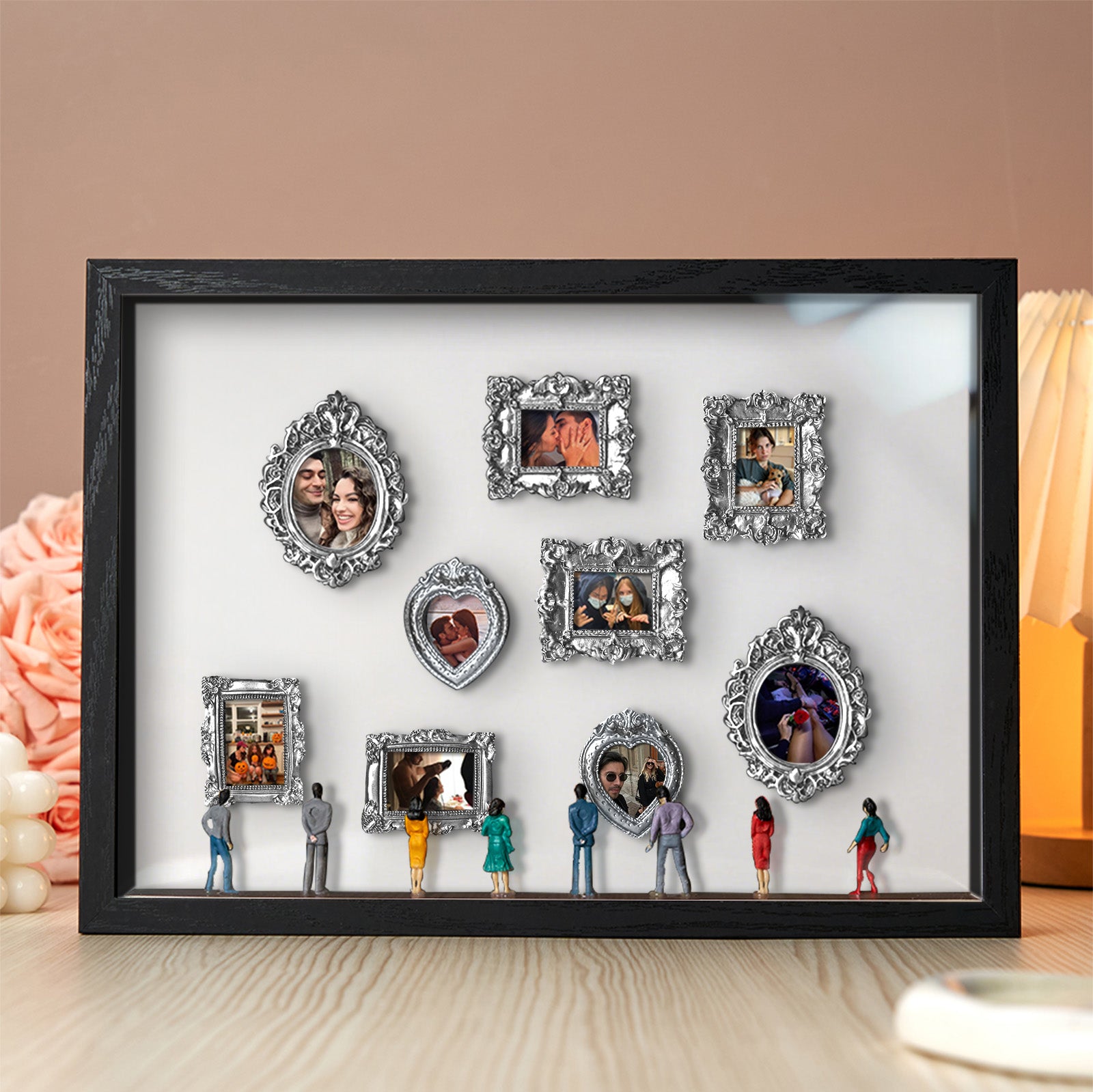 Miniature personalized couple's gift with black frame and spotlights from MadeMine, featuring a cute museum-themed design.
