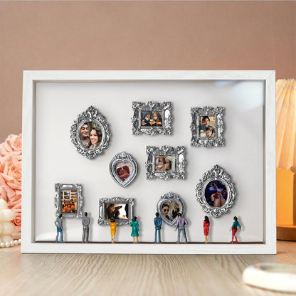 Miniature personalized museum gift with white frame and spotlights, featuring a custom couple's photo, by MadeMine.