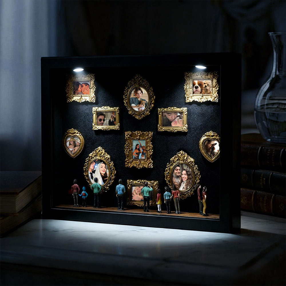 Miniature Museum of Us black frame personalized couples gift with spotlights, made by MadeMine, featuring cute detailed design.