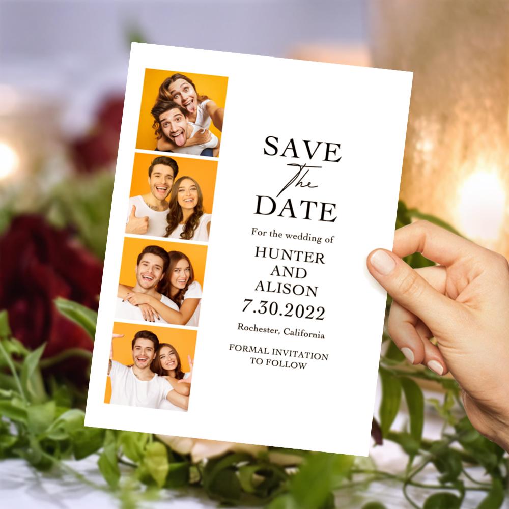 Custom Save the Date card featuring a personalized wedding photo, perfect for announcing your wedding with MadeMine's unique design.
