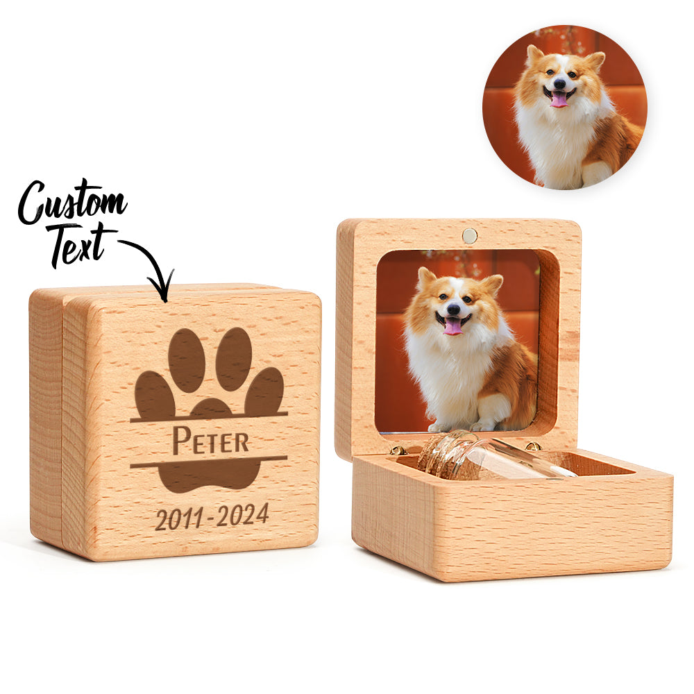 Personalized walnut pet fur keepsake memorial box by MadeMine with engraved pet name and decorative design.