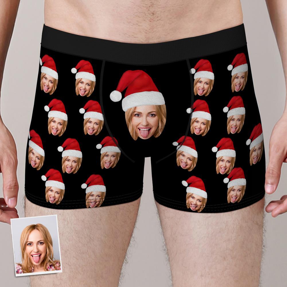 Calzoncillos bóxer con cara personalizada y gorro navideño. Ropa interior con foto personalizada. Regalo navideño para hombre.